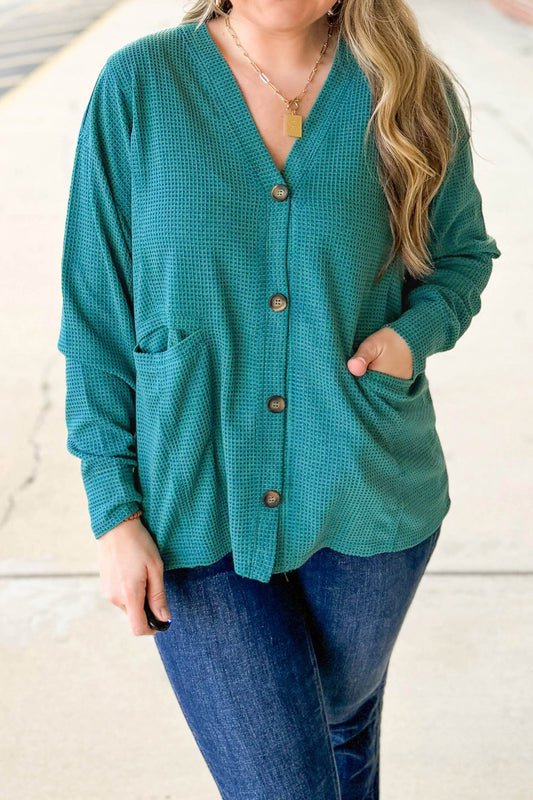 Lapis V Neck Waffle Textured Button Front Tunic Long Sleeve Plus Size Cardigan f5819c9fcd5036aa
