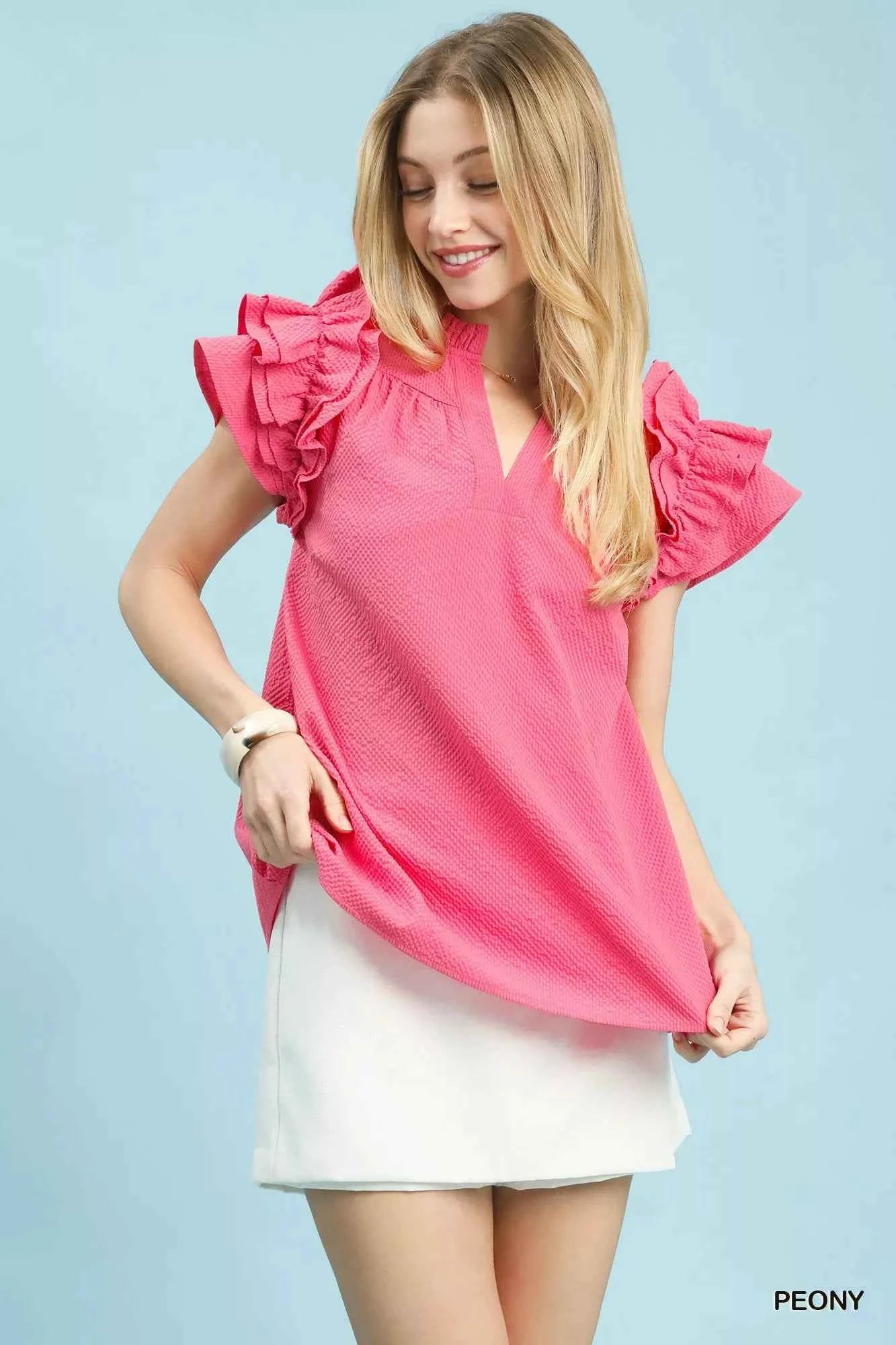 Umgee Textured Ruffle Sleeve Notched Top f585668b-dfc3-44ea-90e9-3498908e6ad9-Max-Origin