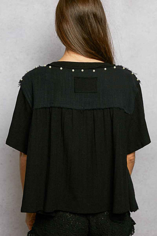 Lace Pearl Stud Round Neck Short Sleeve Shirt f58db286-7c0b-40bd-9e28-a46ffc0ff99b-Max