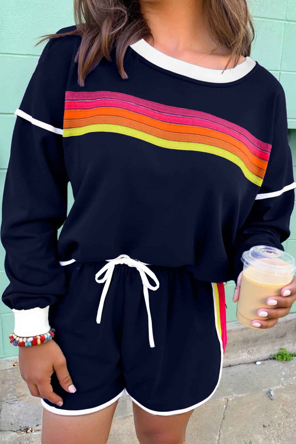 Bluing Colorful Striped Accent Varsity Long Sleeve Pullover and Shorts Matching Set Bluing 65%Polyester+35%Cotton f59423cf3f51d4ff