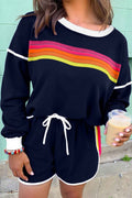 Bluing Colorful Striped Accent Varsity Long Sleeve Pullover and Shorts Matching Set Bluing 65%Polyester+35%Cotton f59423cf3f51d4ff