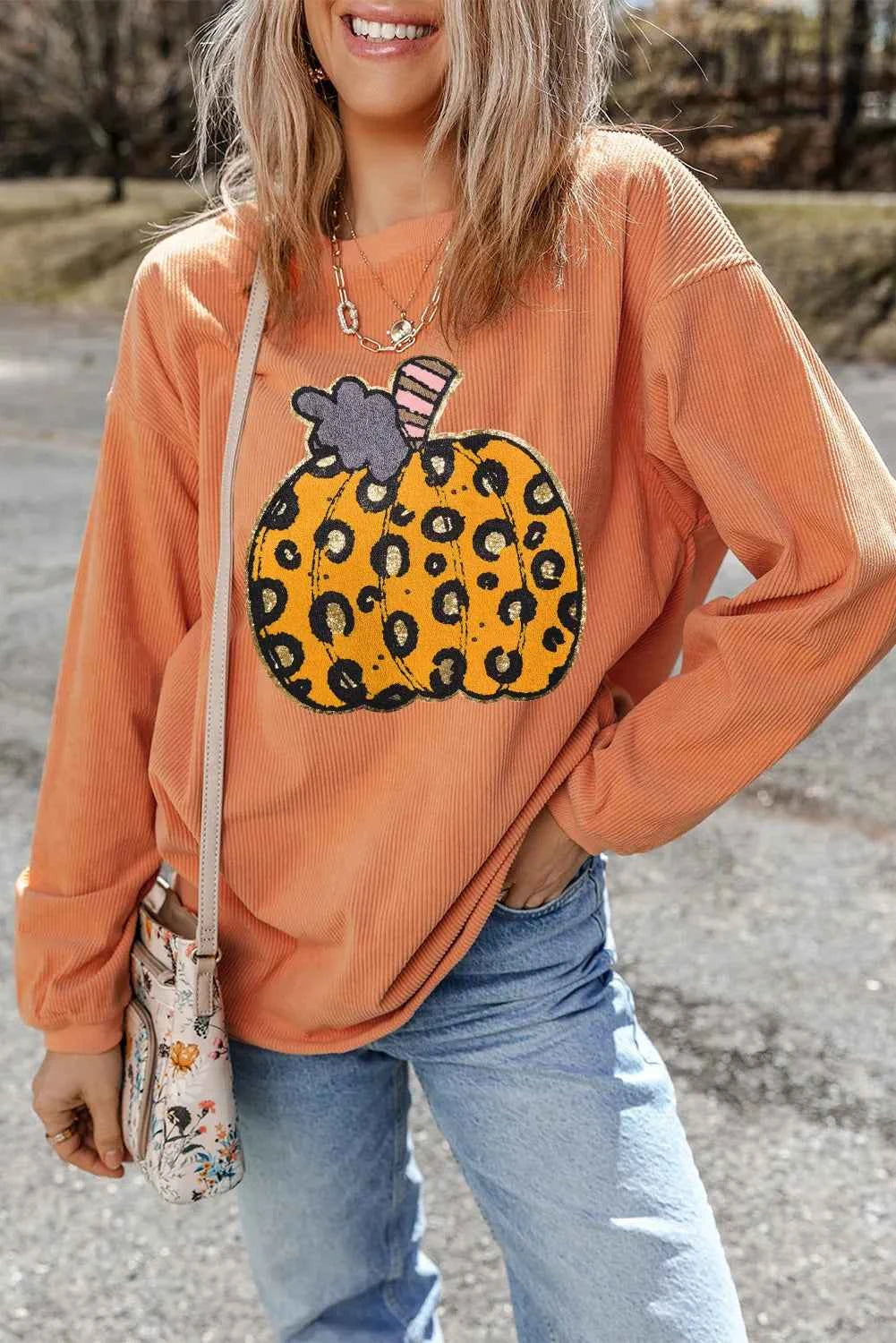 Pumpkin Round Neck Long Sleeve Sweatshirt Sherbet f595c4bc-78d4-4447-aff4-0aa036ed32d5-Max