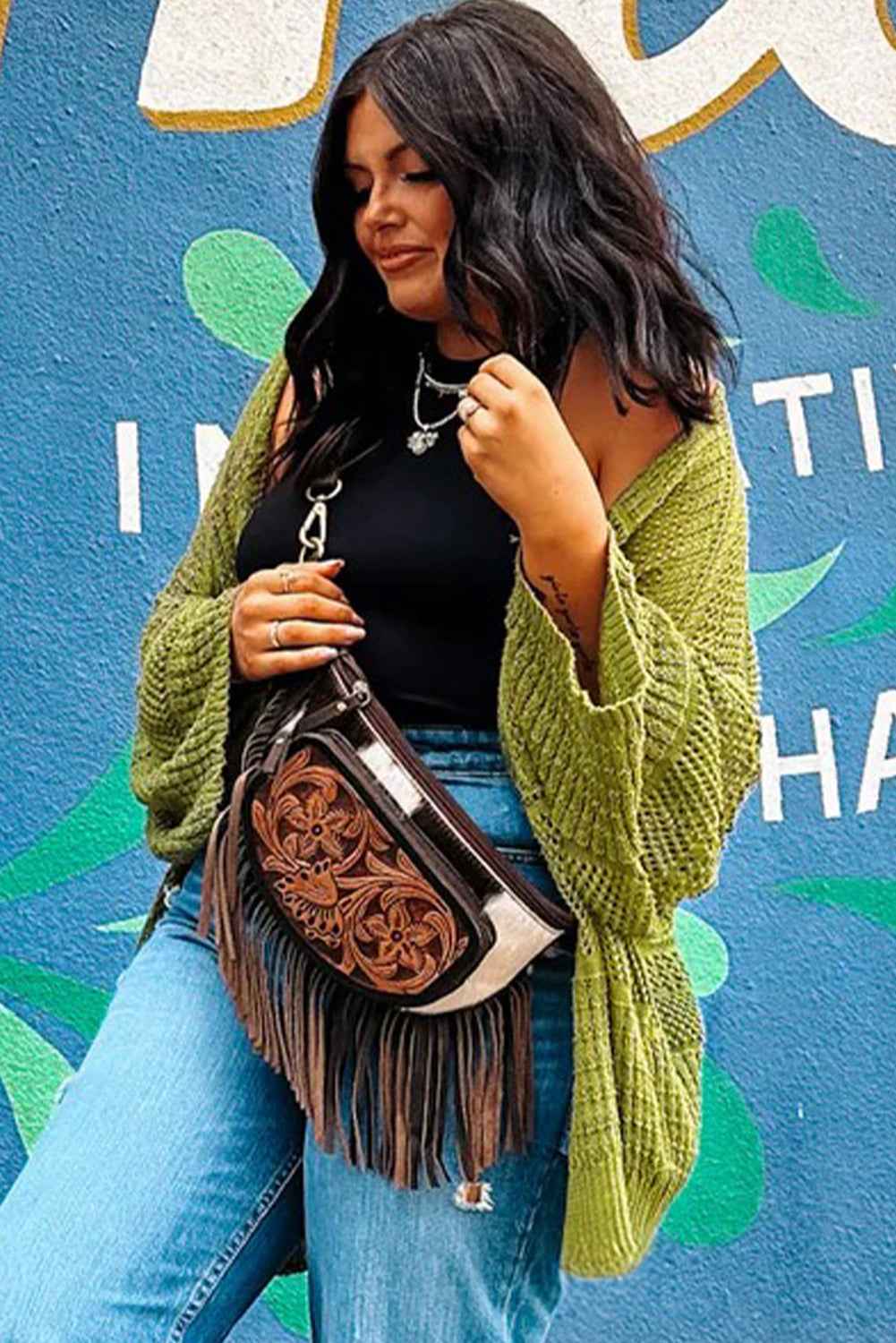 Spinach Green Oversize Crochet Knit Open Cardigan f59637a4dde4370c