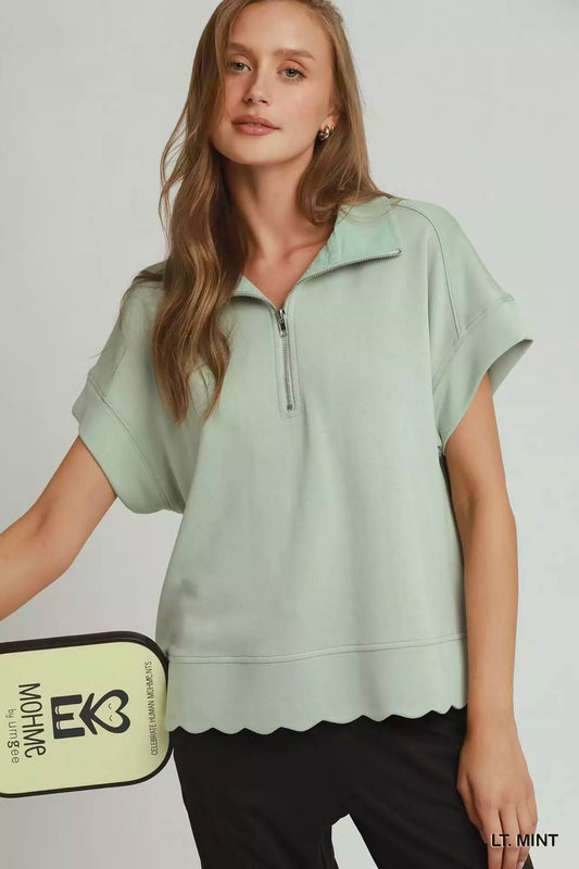 Half Zip Pullover with Scalloped Edge Hem LT. MINT f5988564-59ef-41b5-b8f5-c66572fcf86e-Max-Origin