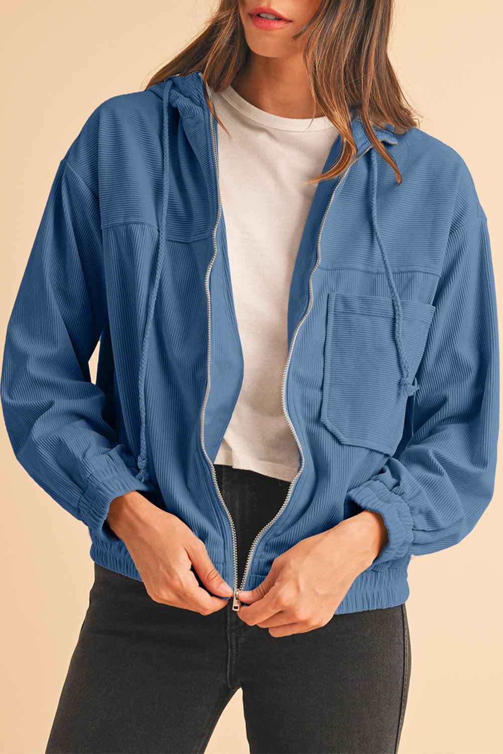 Real Teal Corduroy Drawstring Hooded Pocket Zip Up Jacket Real Teal 100%Polyester f59993c8123912fc