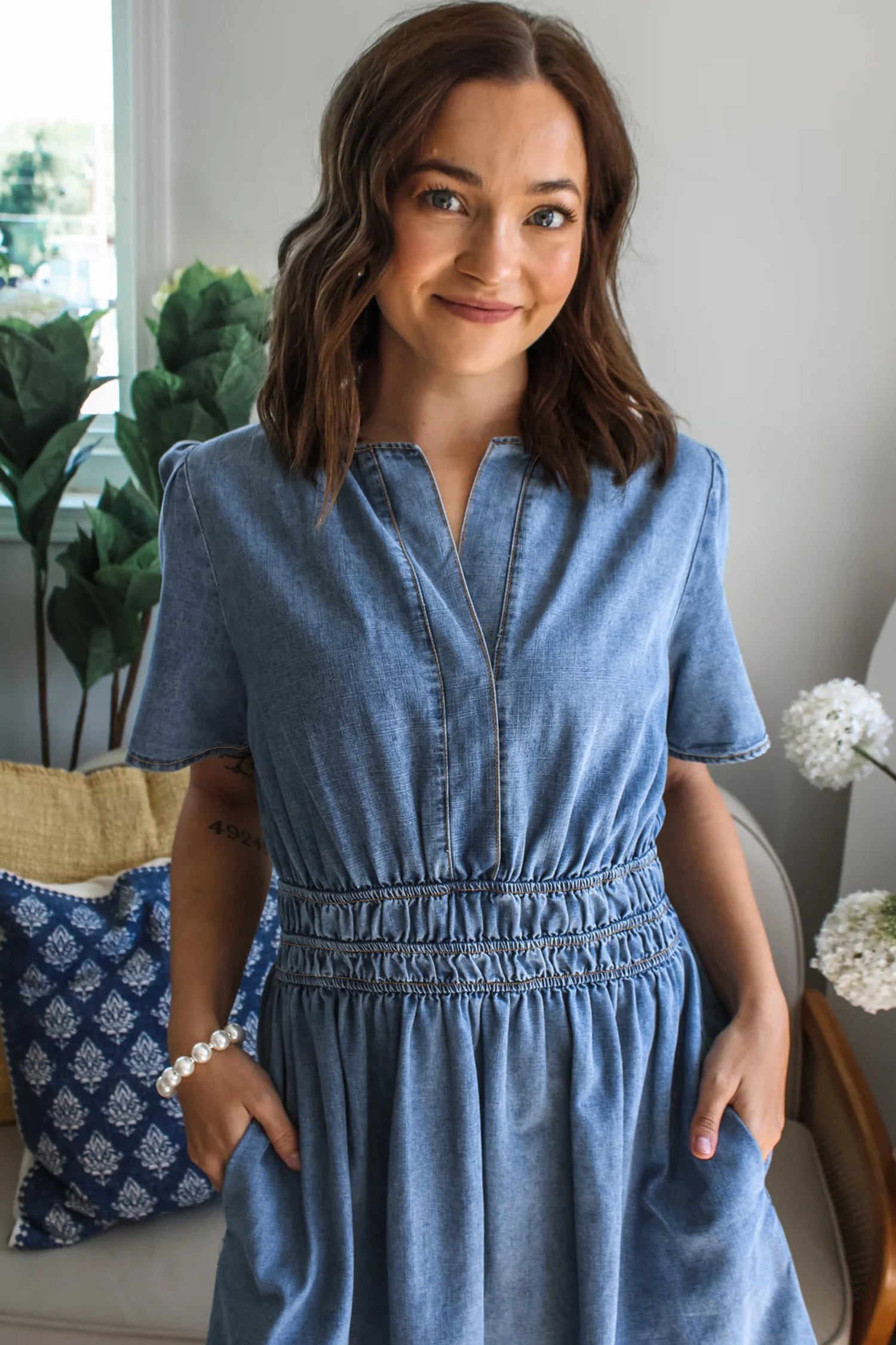 Myosotis Elastic Waist Short Sleeve Denim Mini Dress f59c1a557ff117d7