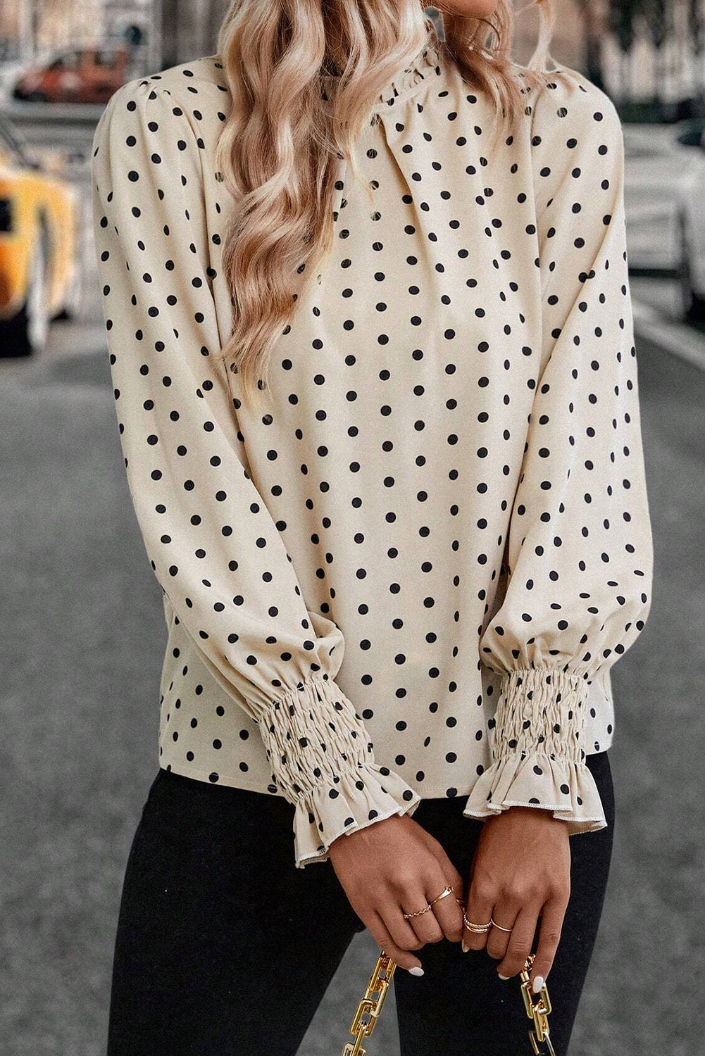 Apricot Polka Dot Print Frill Neck Smocked Lantern Sleeve Blouse f59d1a92e5f649d1