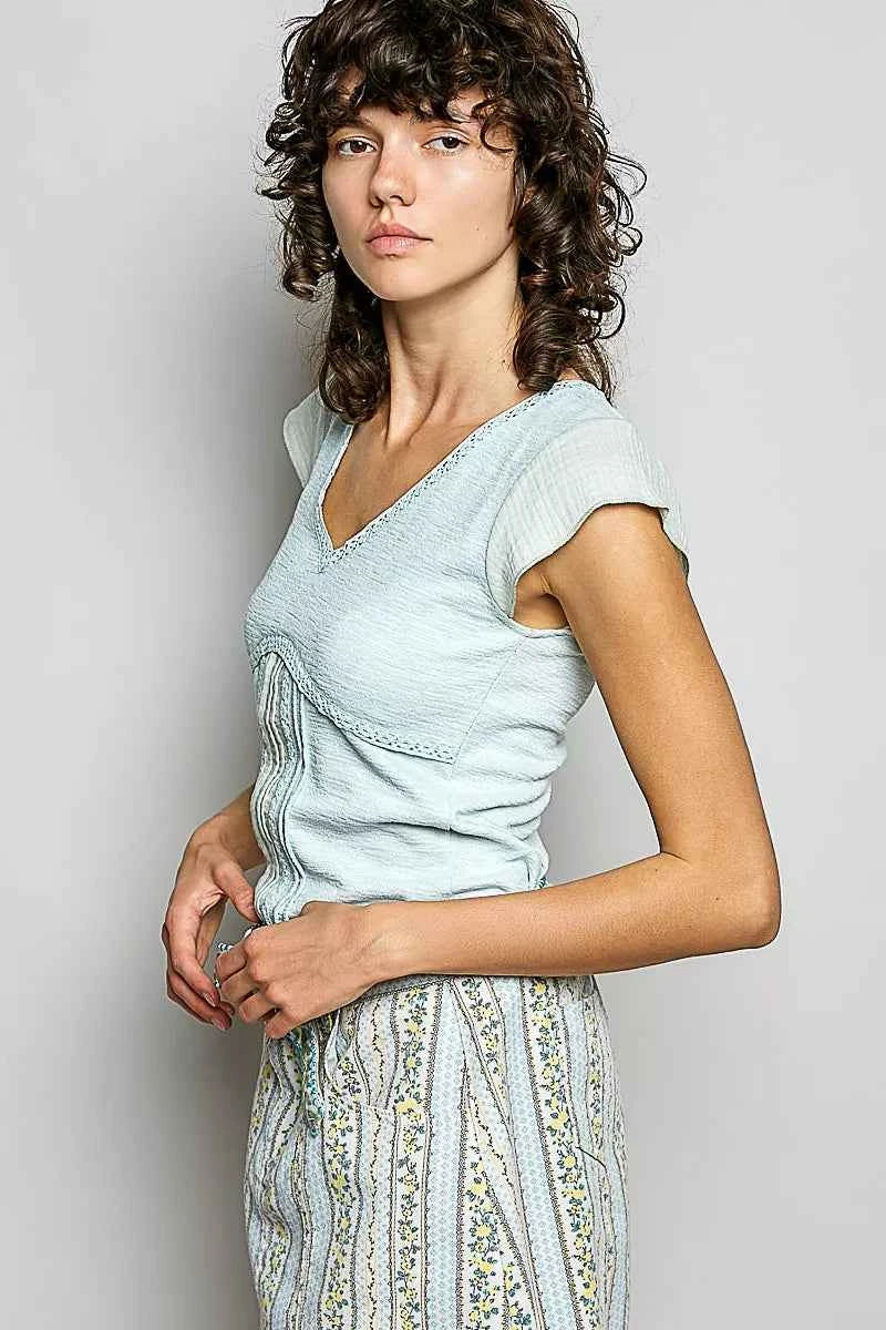 POL V-Neck Lightweight Textured Short Sleeve Knit Top with Lace Trim f59ea2e6-f104-4781-a378-487161498e14-Max-Origin