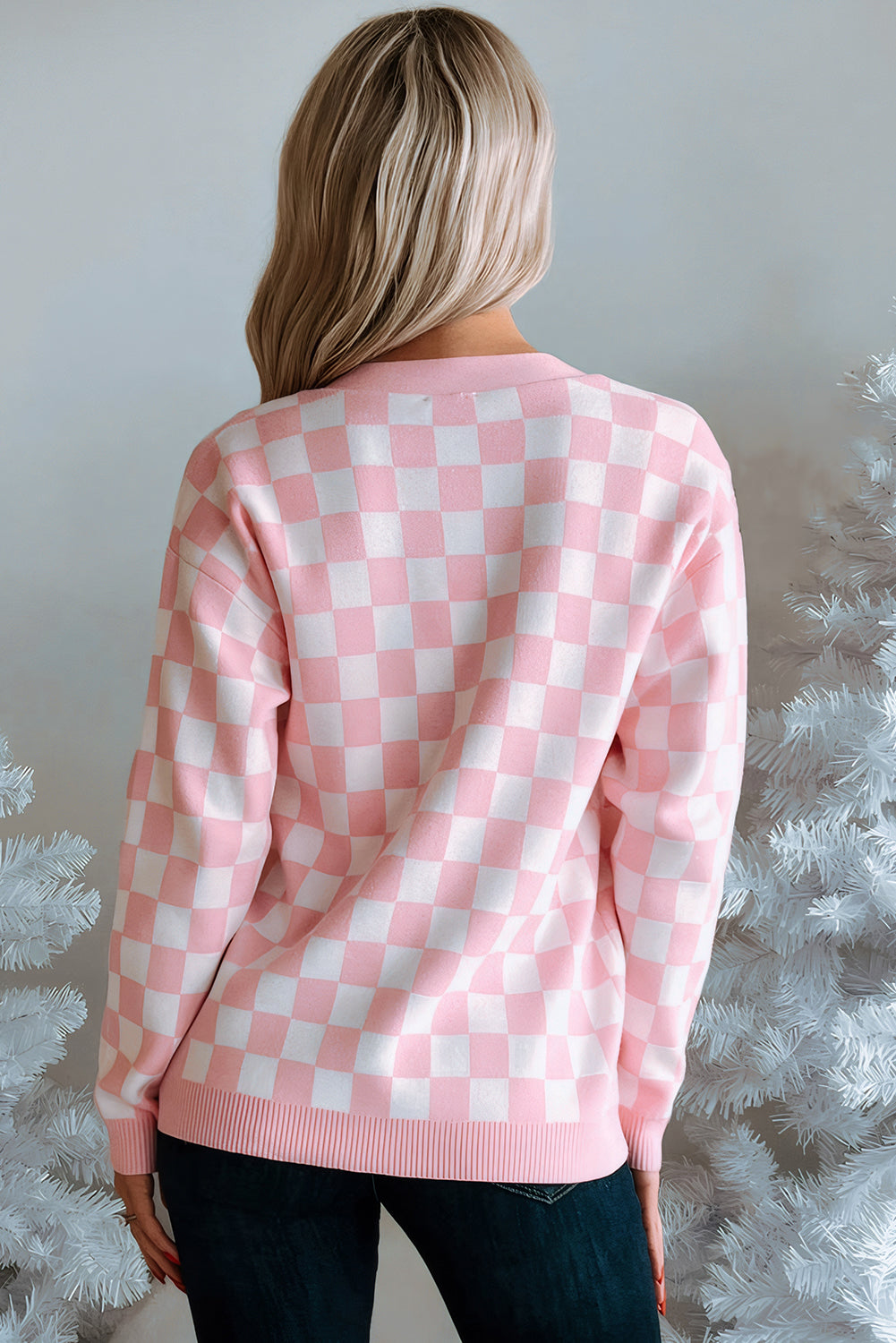Red Checkered Christmas Tree Pattern Button V Neck Knit Cardigan f5a2f7dae5f21ea2