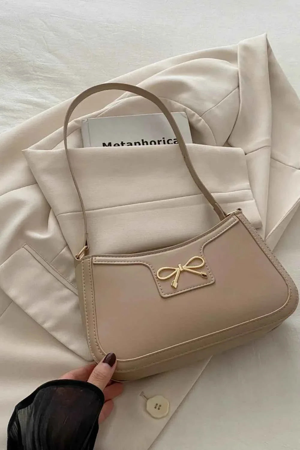 Bow Trim PU Leather Shoulder Bag Khaki One Size f5a677de-60f8-44bd-82a8-e084abddd974-Max