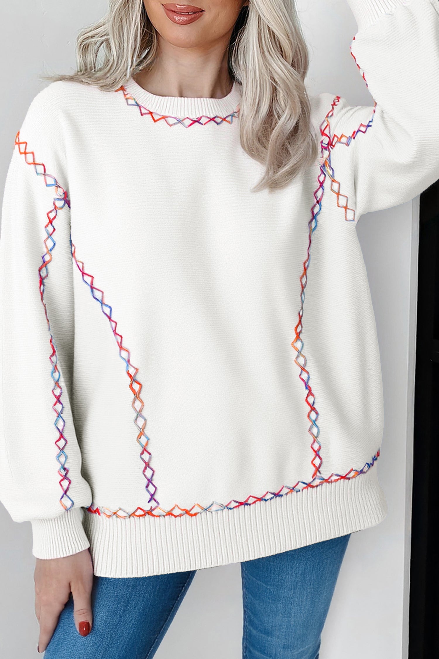 Orchid Bouquet Rainbow Stitching Balloon Sleeve Relaxed Sweater White 52%Viscose+26%Polyester+22%Polyamide f5a9e3f929f141a5