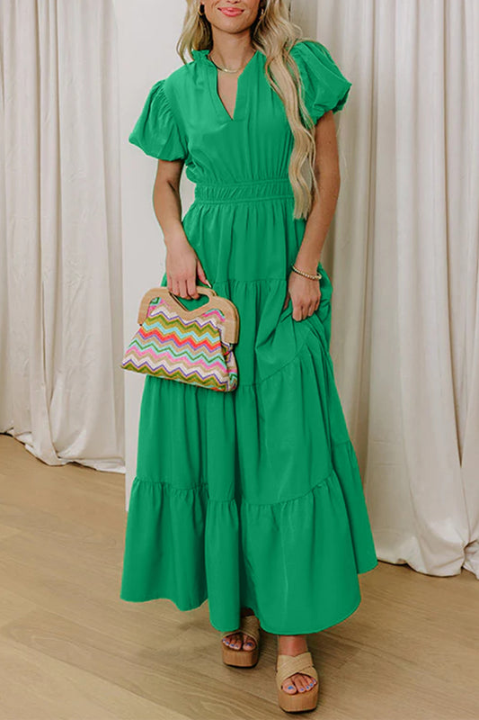Bright Green Solid Color V Neck Short Puff Sleeve High Waist Tiered Maxi Dress Bright Green 100%Polyester f5aa465191051733