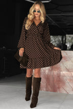 Chicory Coffee Polka Dot Long Sleeve Wrap V Neck Ruffle Hem Mini Dress f5aa52aa5c032814
