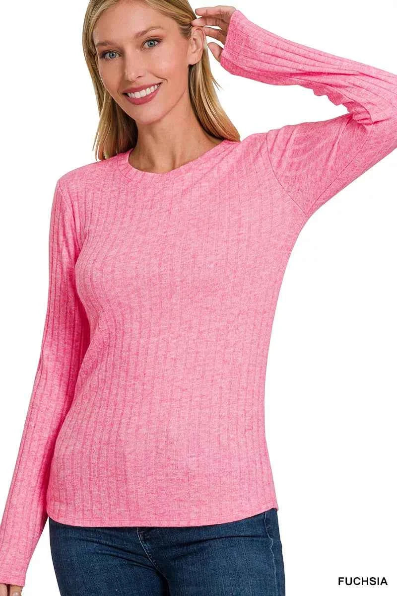 Zenana Ribbed Long Sleeve Round Neck T-Shirt FUCHSIA f5aa7a98-c839-456e-868b-38ef19214932-Max-Origin