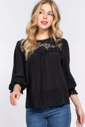 ACTIVE BASIC Crochet Lace Panel Flounce Sleeve Blouse Black f5ac12be-ceac-4304-a579-6c2d1191db7f-Max