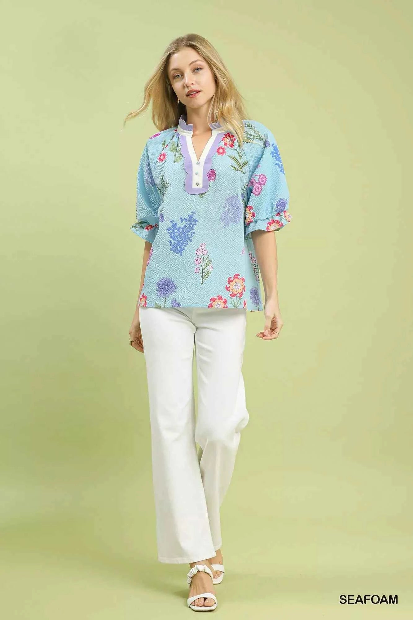 Umgee Floral Puff Sleeve Blouse with Scallop Trim Collar f5b90b72-afca-47dd-93f4-61ab7015a857-Max-Origin