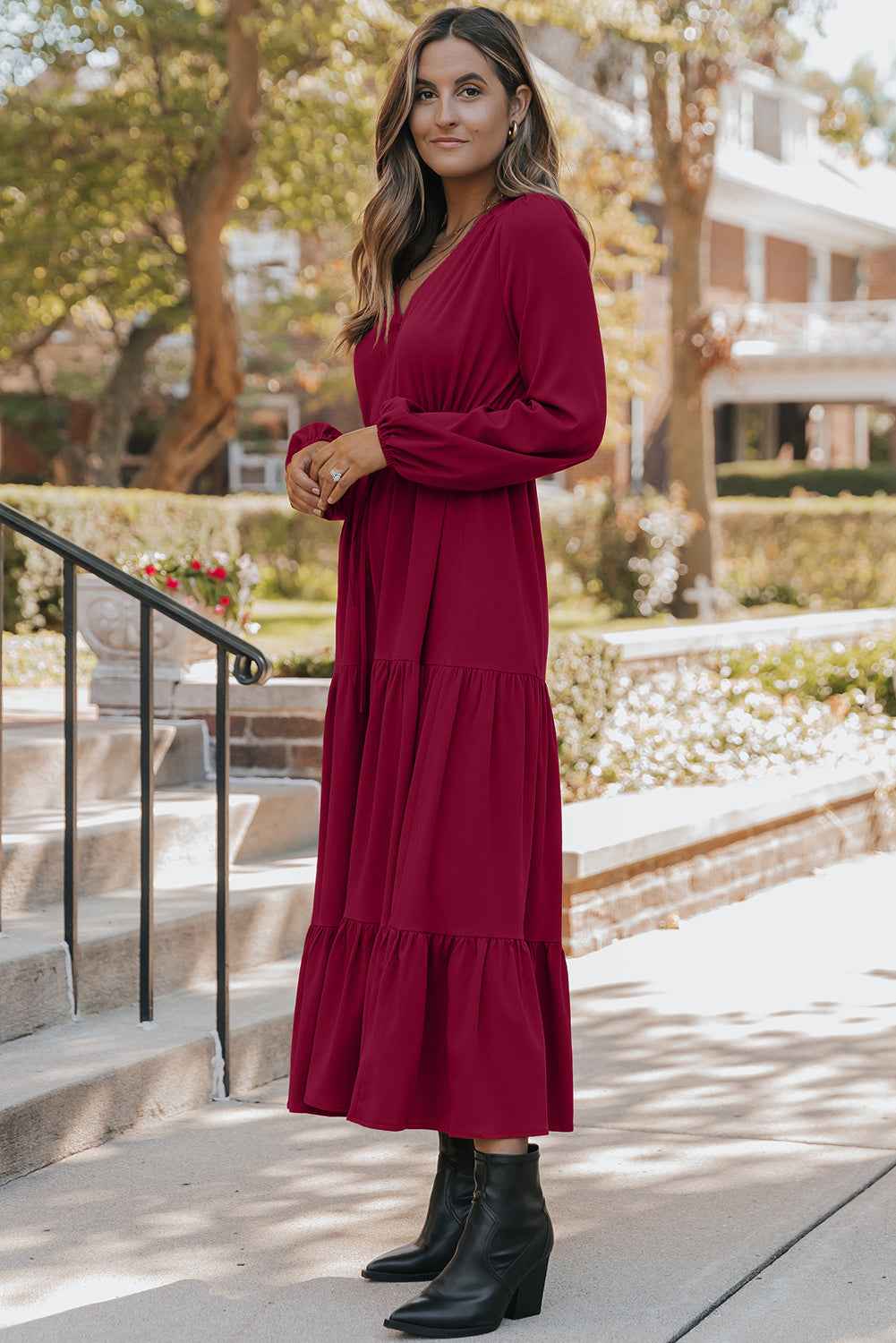 Blackish Green Solid Long Sleeve Button V Neck Tiered Maxi Dress f5b9a66df57fb769