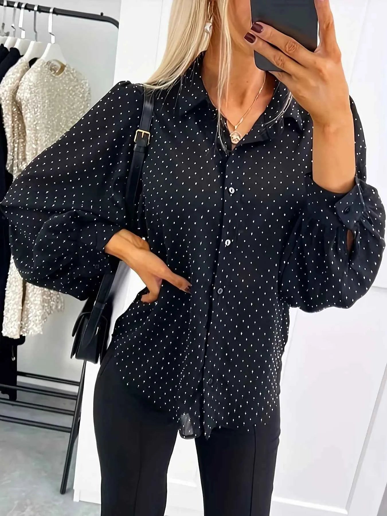 Polka Dot Oversized Button-Up Shirt Black f5bd1ba6d452443088dd41fa5f17a644-Max-Origin