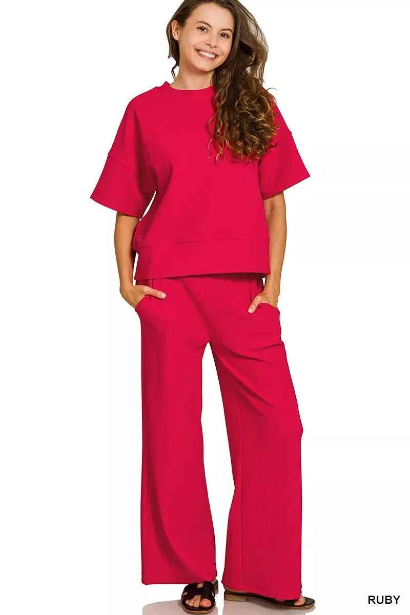 Zenana Ribbed Round Neck Tee & Pants Set RUBY f5c341a288124912a04db5e05b8bb905-Max-Origin