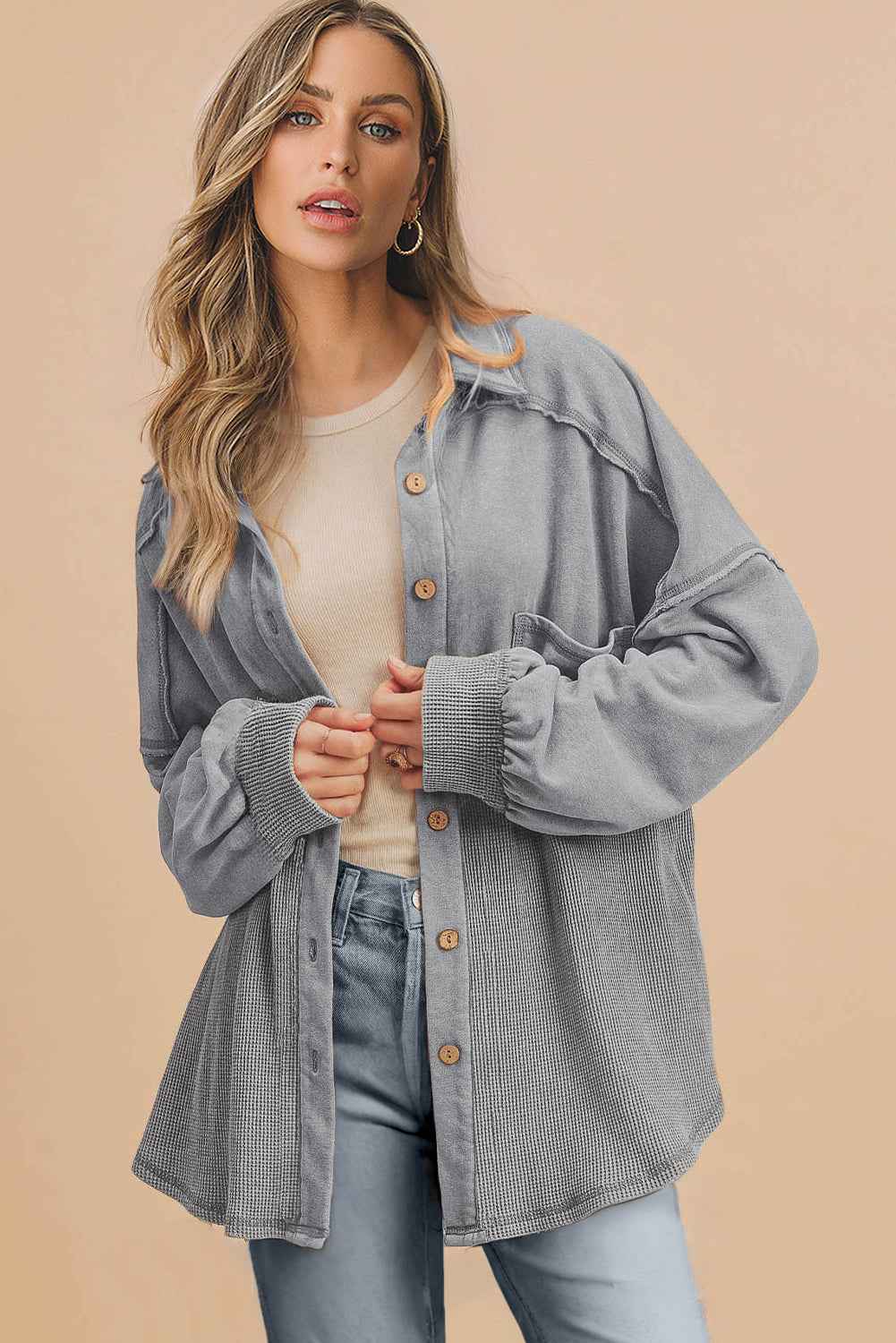 Medium Grey Waffle Knit Patchwork Exposed Seam Loose Shacket f5c3f1b71ccba201