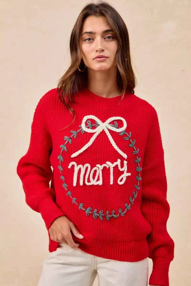 BiBi Christmas Wreath Merry Letter Knit Top RED f5c4f3689ec14621ba18c7aa22346baa-Max-Origin