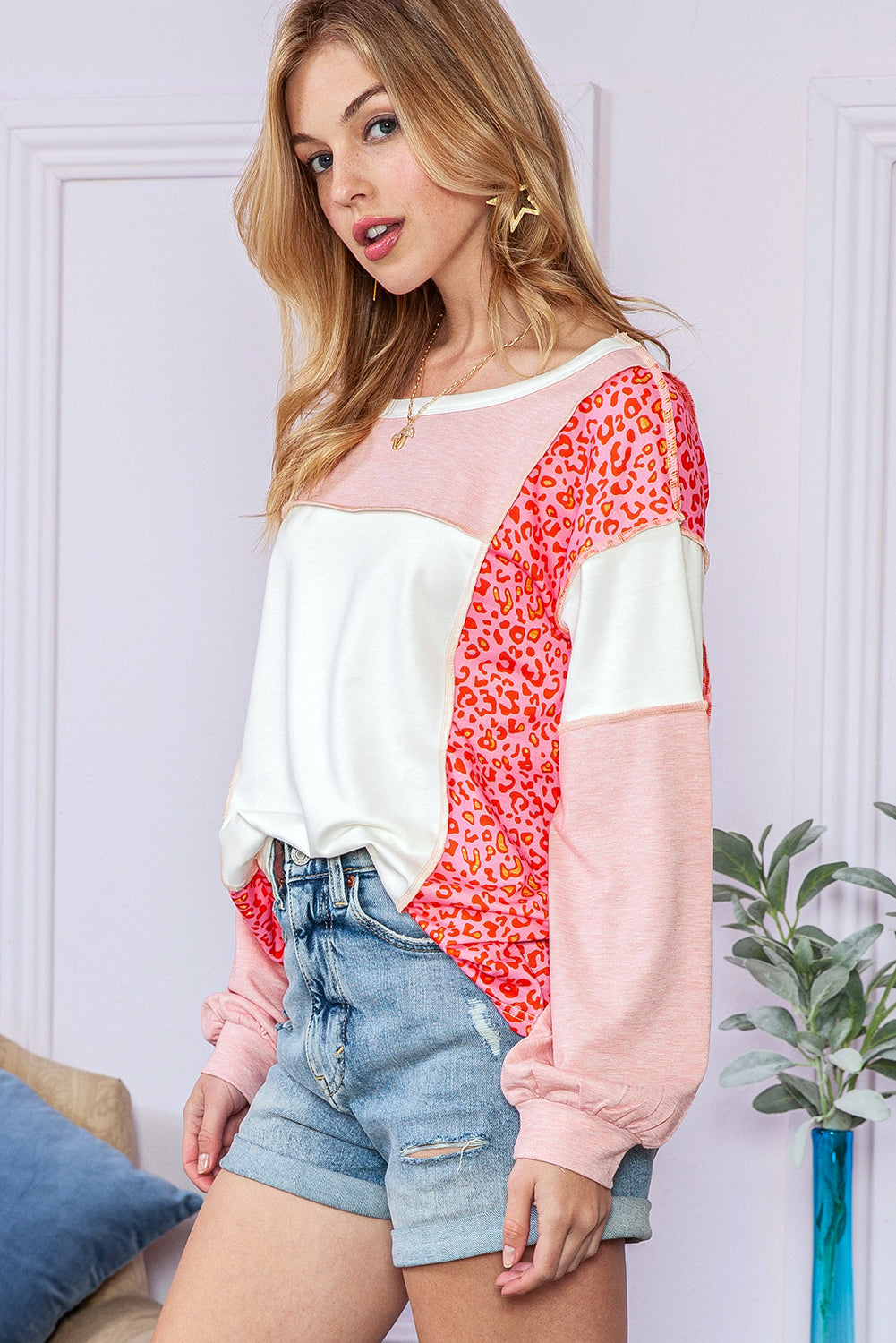 Peach Blossom Patchwork Long Sleeve Round Neck Top f5c6cdbecd46c4d1