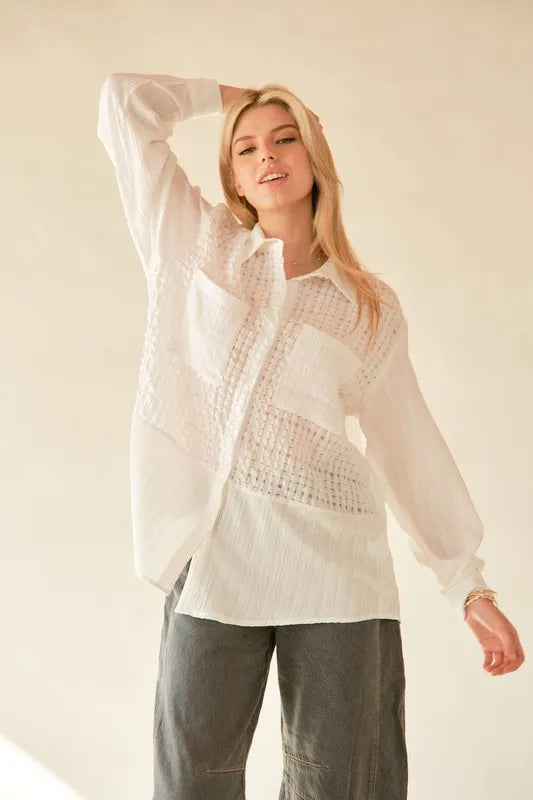 Crinkled Jacquard Button Down Shirt White f5ca1078-9f9e-455d-b215-a16c8cb744bd-Max