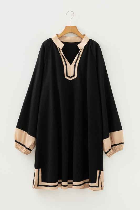 Plus Size Colorblock Stripe Trim V-Neck Dress Black f5ca7b24-9e70-4f86-accd-3d458b728c94