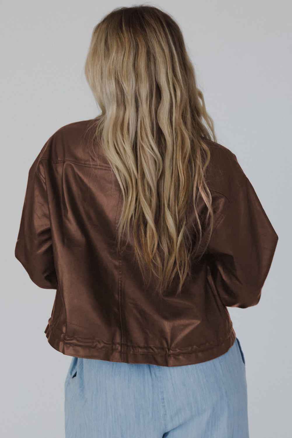 Chicory Coffee Flap Pocket Drawstring Hem Leather Jacket f5d37f4507b8e0c3