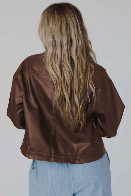 Chicory Coffee Flap Pocket Drawstring Hem Leather Jacket f5d37f4507b8e0c3