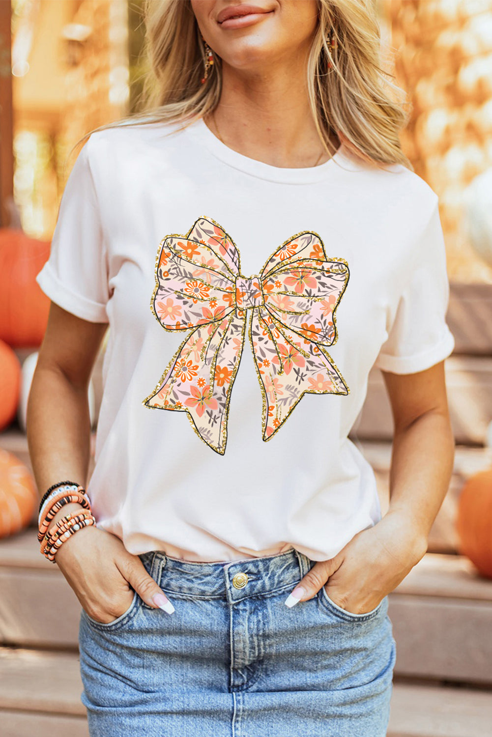 White Glitter Trim Floral Bow Heat Transfer Printing Cotton Blend T Shirt f5d47b3a8b1ad498