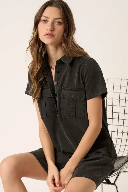 Mittoshop Button Detail Collared Neck Short Sleeve Shirt Dress Black f5db1777-f5b7-4679-8ef6-fb3452765854-Max