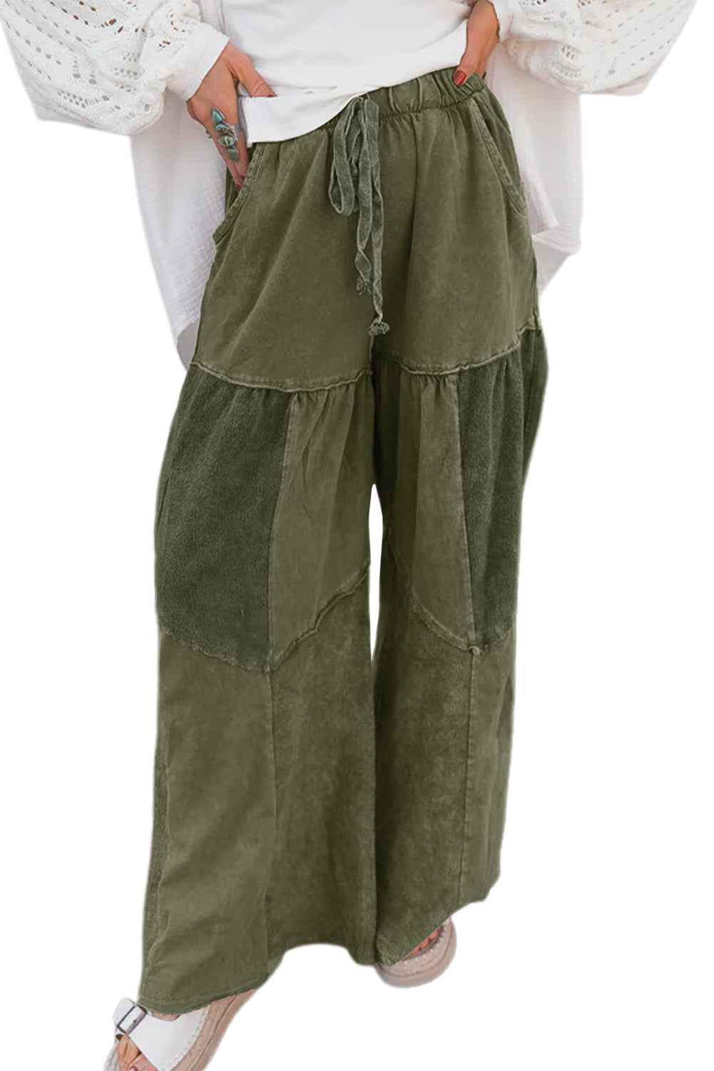 Ashleigh Blue Careys Mineral Wash Tiered Wide Leg Patchwork Drawstring Pants f5e18122da330689