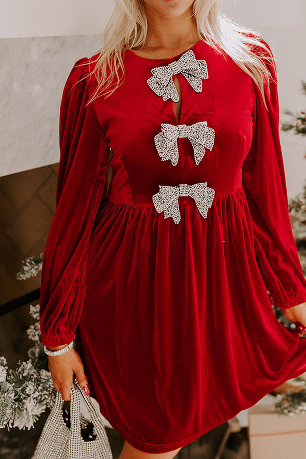 Fiery Red Bowknot Decor High Waist Velvet Mini Dress Fiery Red 95%Polyester+5%Elastane f5e613375780564a