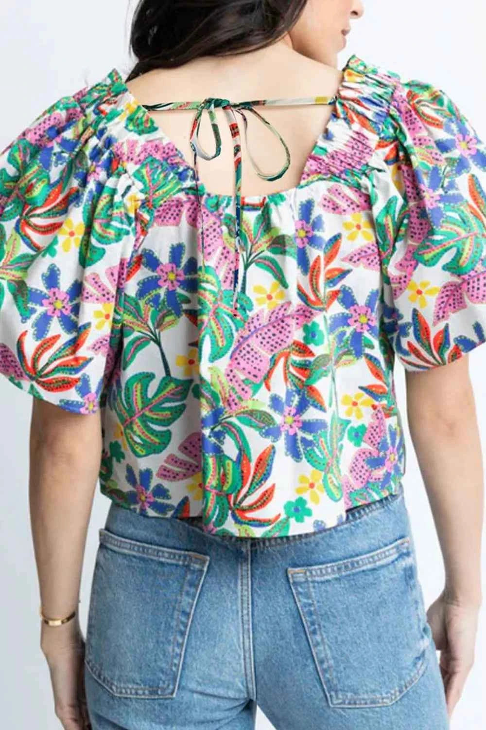 Plant Print Loose Fit Puff Sleeve Square Neck Blouse f5ebd593-c27a-41fd-ae4a-af7412256473-Max-Origin