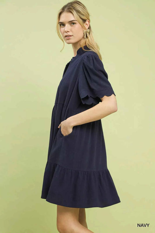 Umgee Linen Tiered Babydoll Dress with Scalloped Sleeves f5edb730-c25a-4fc5-8b2b-22ece411679b-Max-Origin