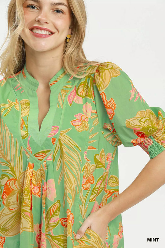 Botanical Print Dress with Smocked Cuffs f5efe1b5-8dab-49c0-90a3-e6f02065f3d1-Max-Origin