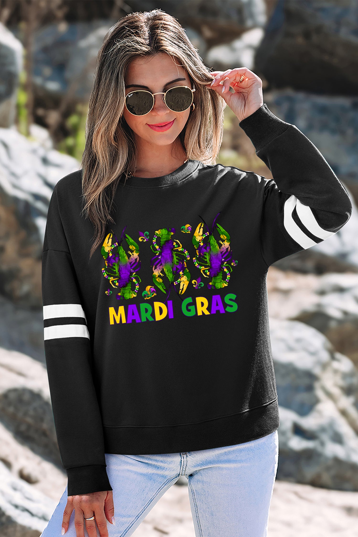 Black MARDI GRAS Crayfish Printed Varsity Striped Drop Shoulder Sweatshirt Black 65%Polyester+35%Cotton f5f6a63959e2ab37