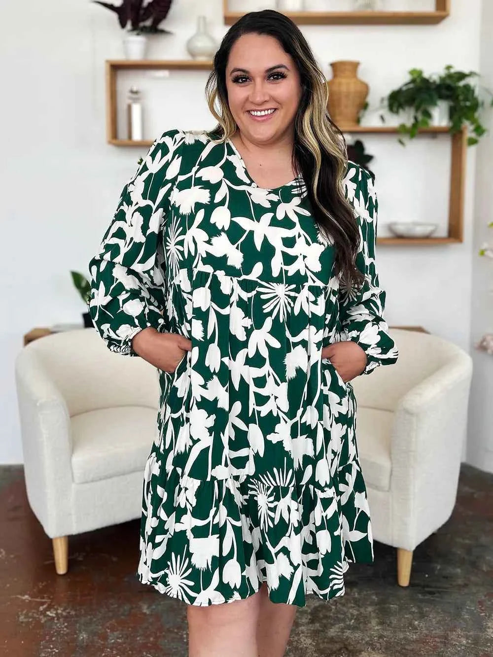 Double Take Full Size Printed Ruffle Hem Dress with Pocket f5f6d1c1-9a74-4a93-a0cf-147f0ad10637-Max