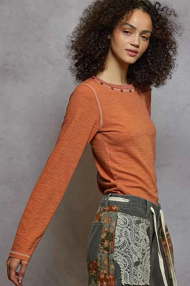 POL Round Neck Long Sleeve Contrast Stitching T-Shirt with Stud Detail f5f8bc0f-033d-4525-ab22-ae040c260195-Max-Origin
