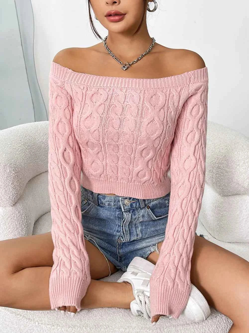 Cable-Knit Off-Shoulder Long Sleeve Knit Top f5faf55f-ad3f-4e52-b8b5-28245d1f1977-Max
