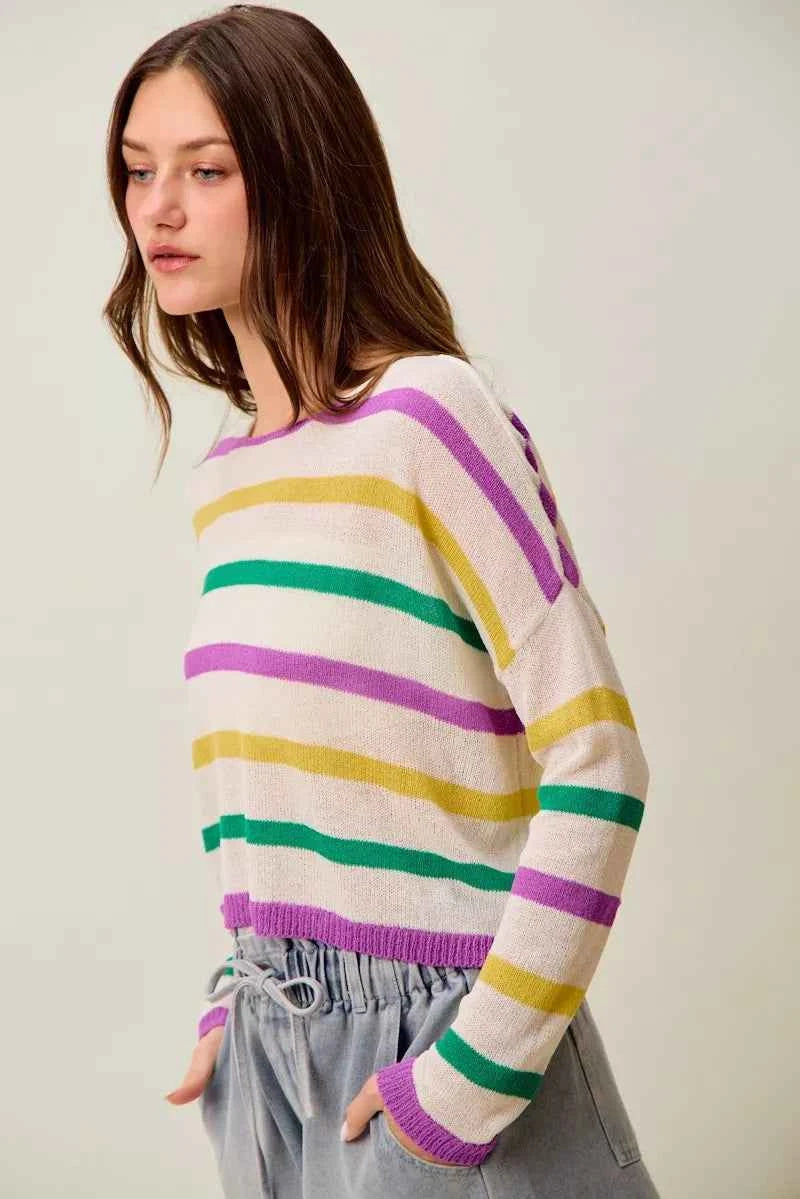 SO ME Mardi Gras Color Stripe Lightweight Sweater Top f605b0fd6a144dfd99cd2d29fe6722db-Max-Origin