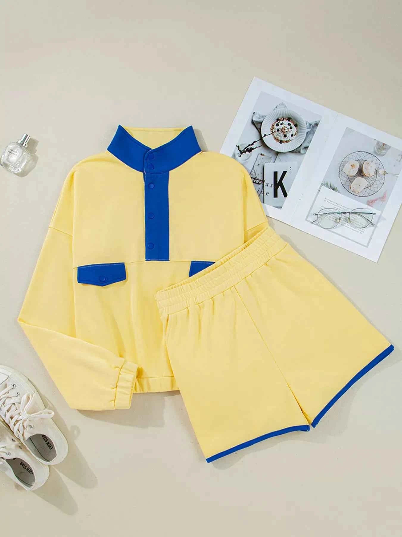 Color Block Patchwork Half Button Top and Shorts 2pcs Set f60b07881fde4af9960dd8d1bfc5be5c-Max-Origin