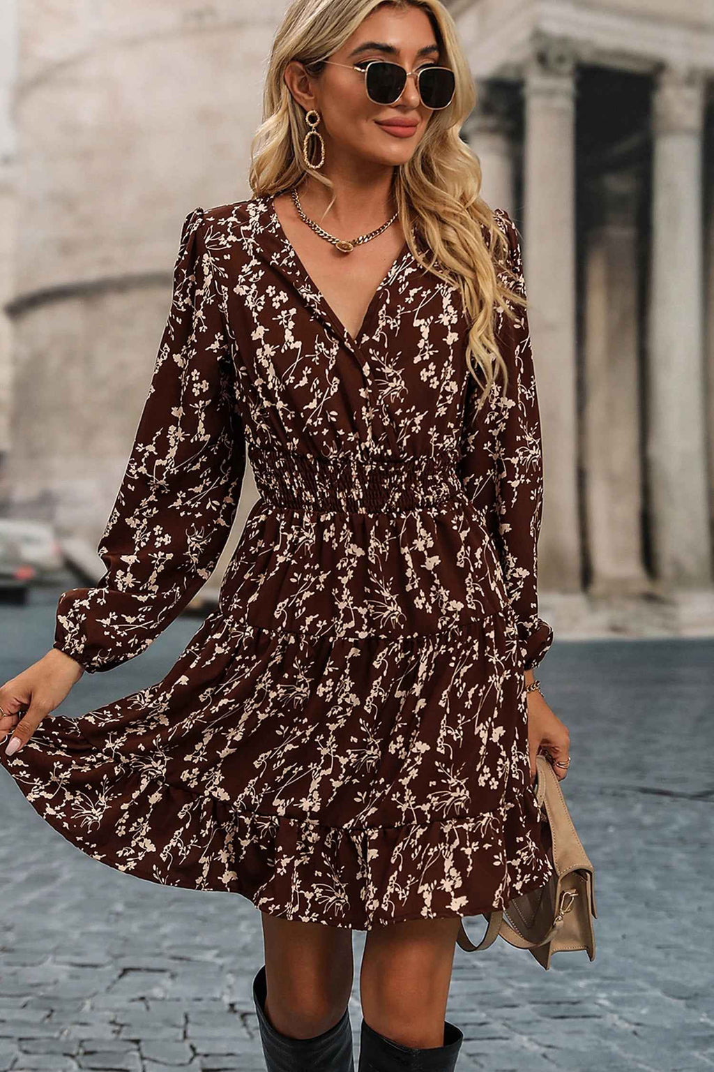 Brown Ditsy Floral Print Split Neck Long Sleeve Shirred Waist Flared Mini Dress f61196587dab7f73