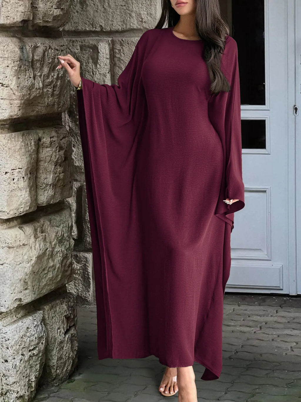 Round Neck Maxi Dress with Flowing Cape Sleeves f617a351e78d4ea8b3e64c60be1ef26e-Max-Origin