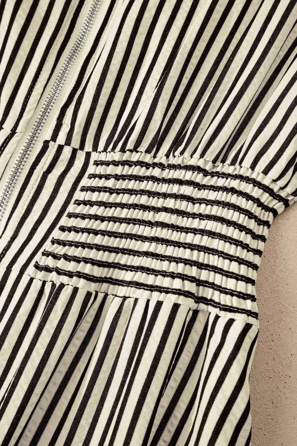 Stripe V Neck Zip Front Cinched High Waist Midi Dress