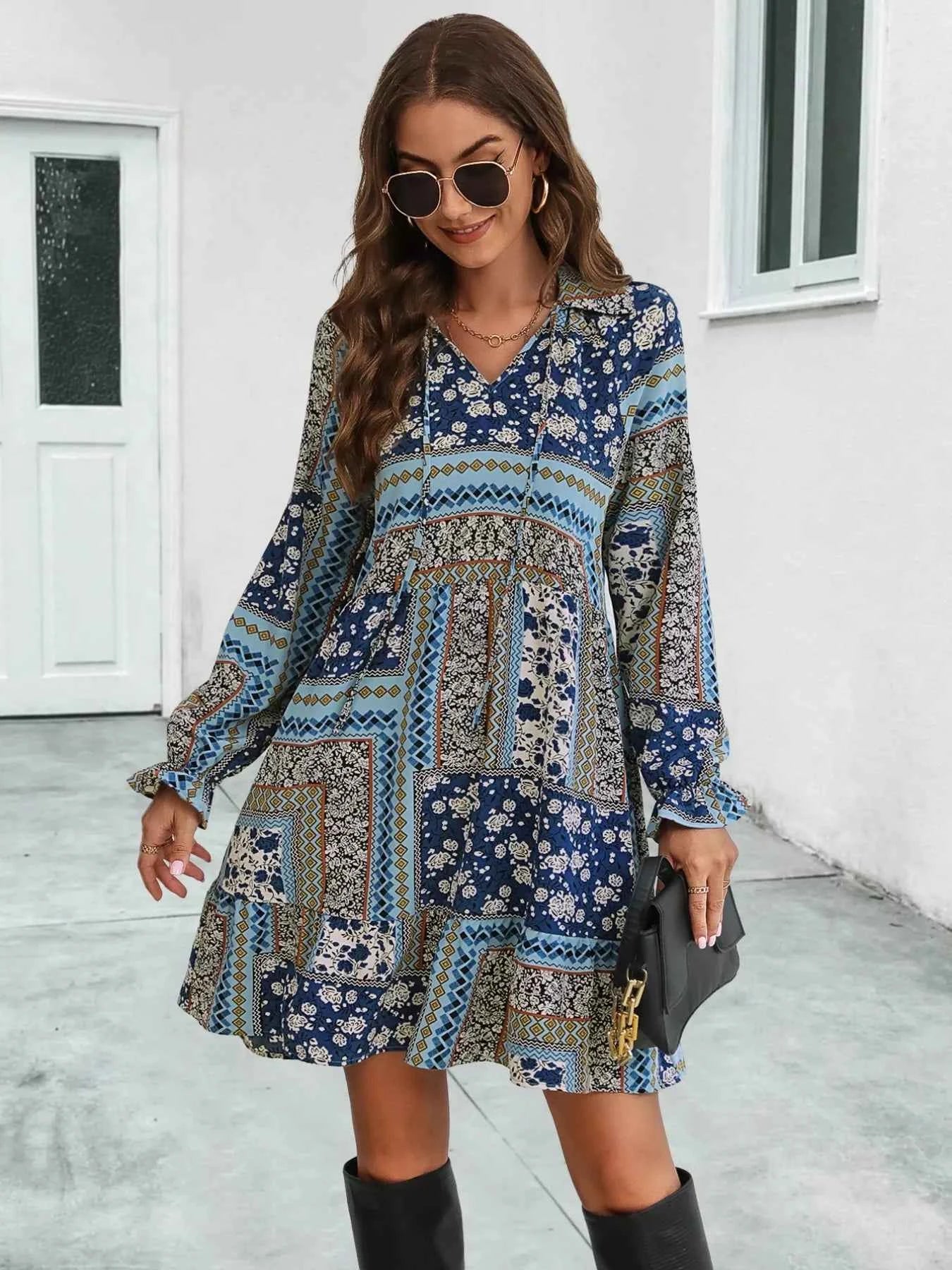 Boho Floral Print Long Sleeve Mini Dress f62453e4-57c6-497c-9603-114f476e7e52-Max-Origin