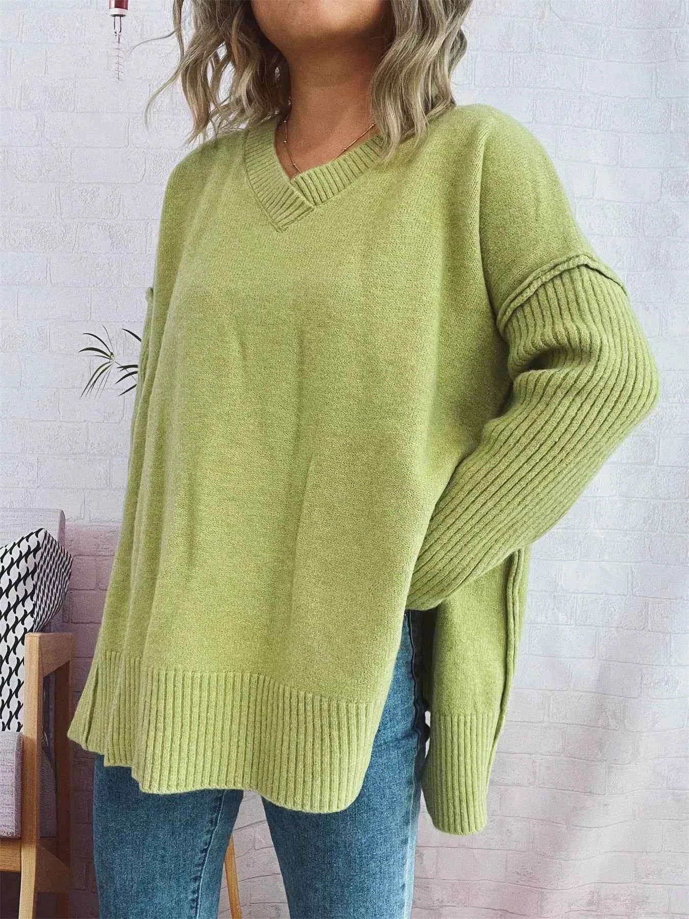 V-Neck Dropped Shoulder Sweater f628c57f09654b94830656aefd7aec59-Max-Origin