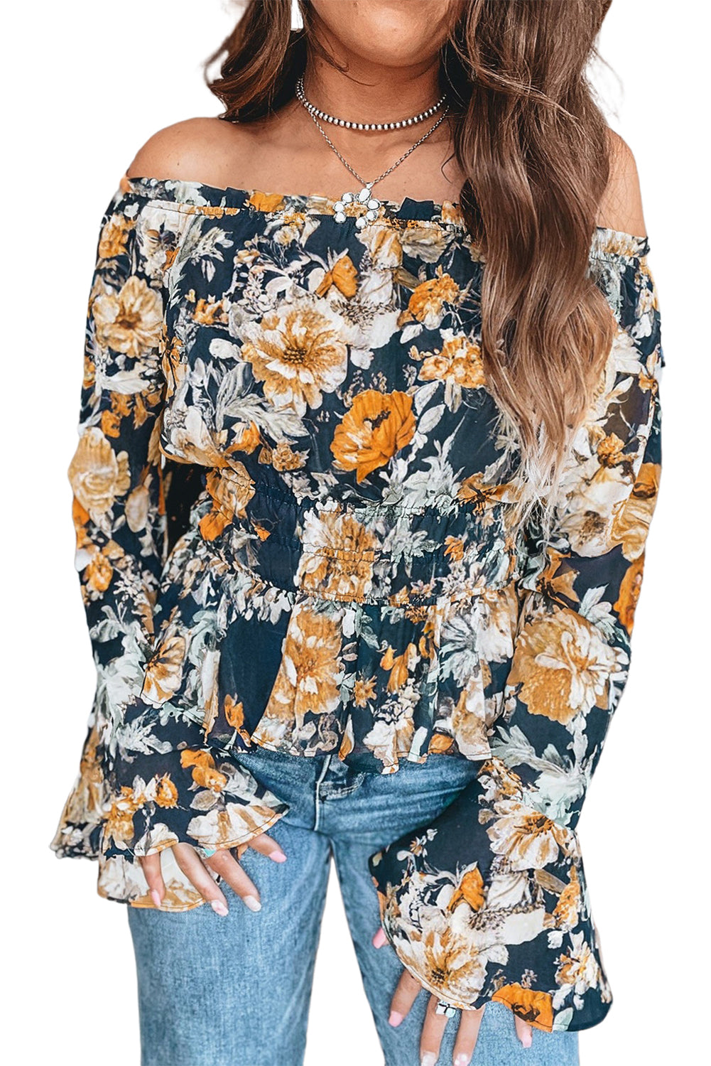 Blue Floral Off Shoulder Bell Sleeve Smocked Peplum Top Blue 100%Polyester f6290d17a86cd052