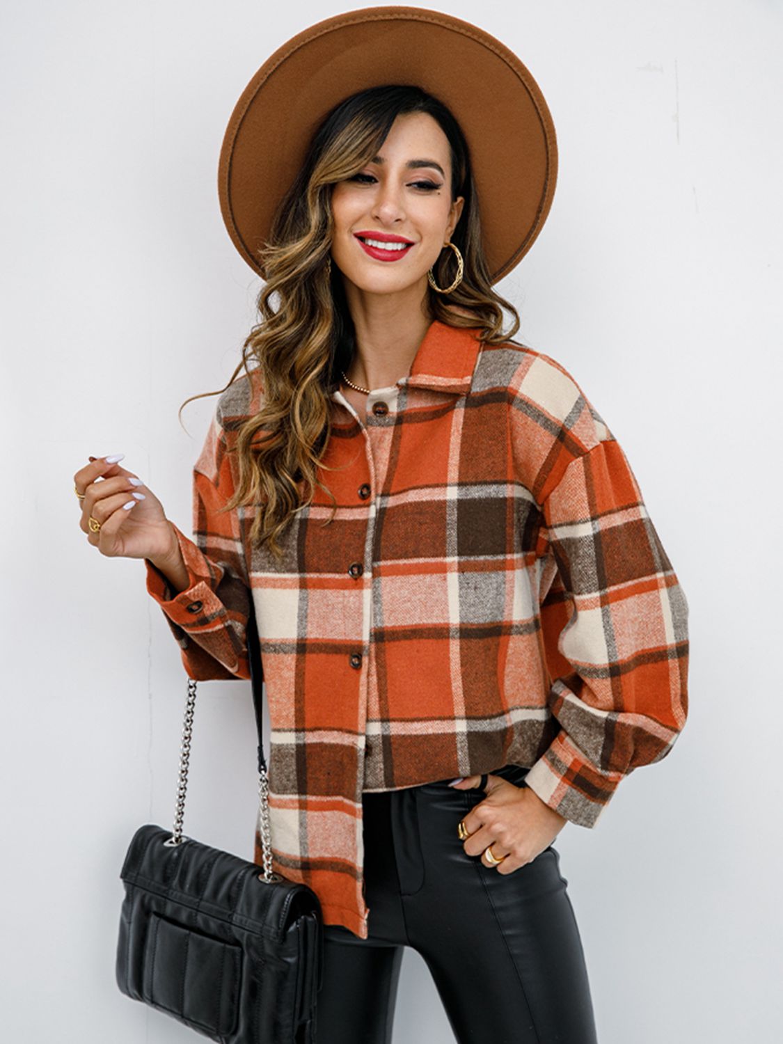 Shiny Plaid Button Up Collared Neck Jacket